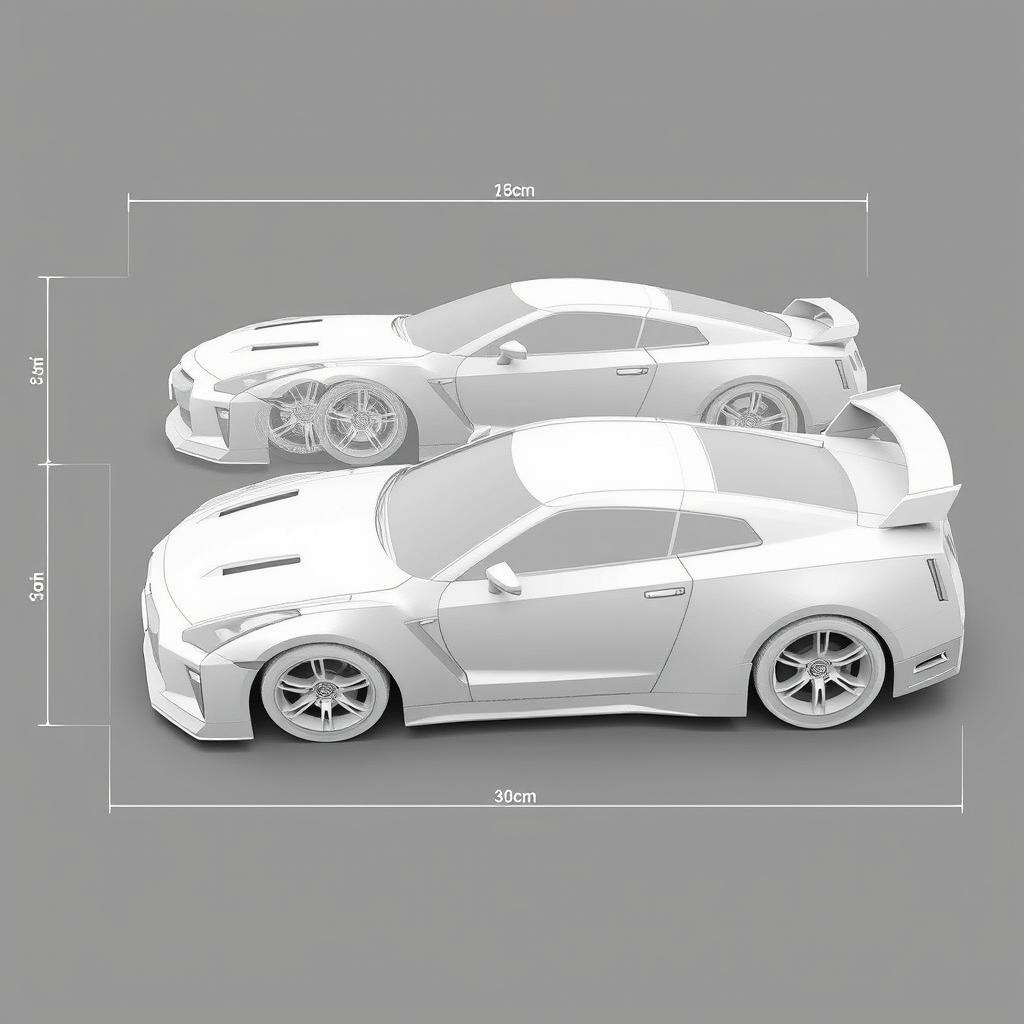 A highly detailed 3D blueprint design of a Nissan GTR R35 car, featuring realistic dimensions and accurate scaling