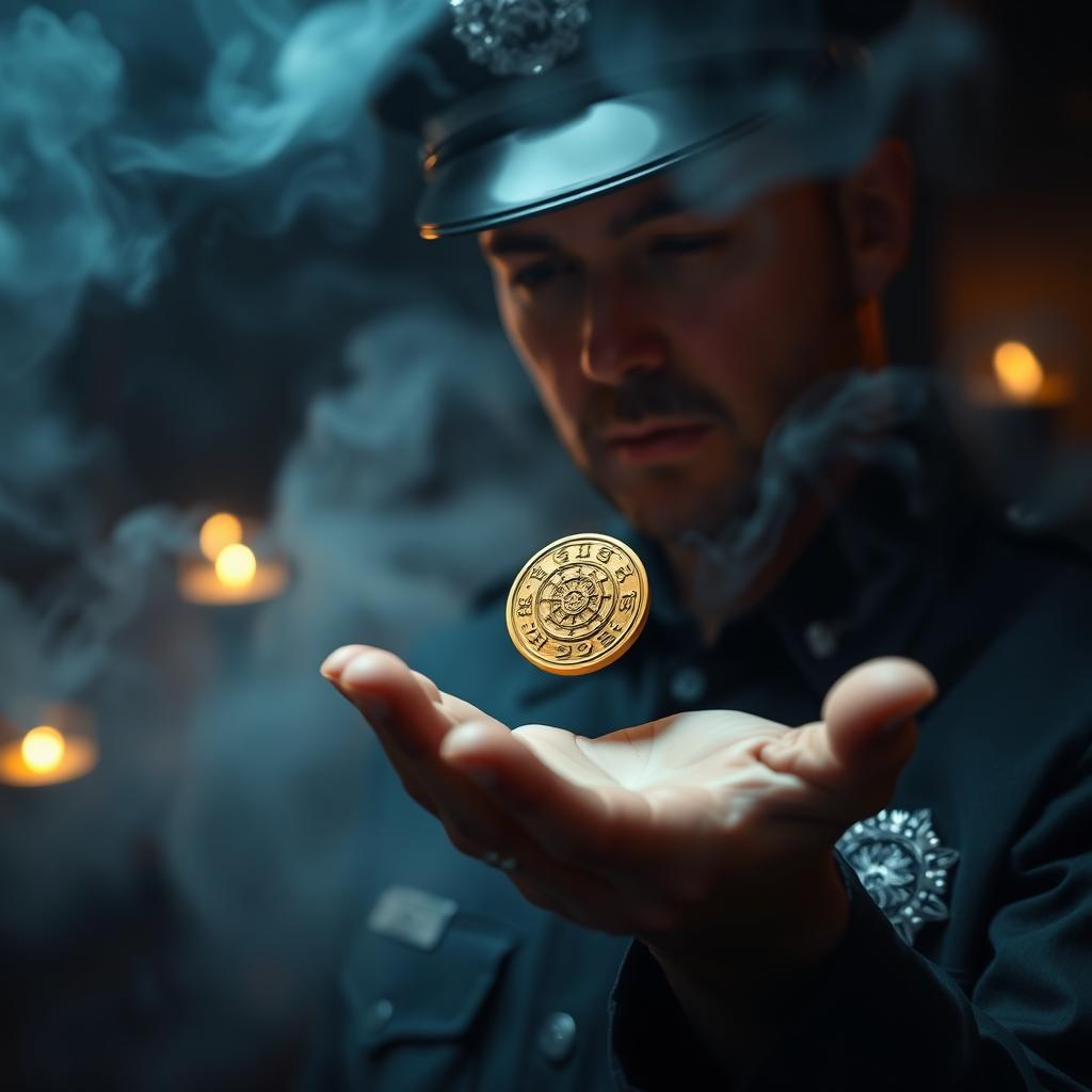 A police officer holding a small gold medallion in the palm of his hand, gazing at it intently