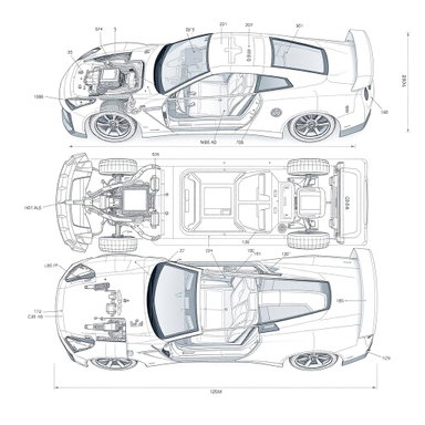 Realistic 3D Blueprint of Nissan GTR R35 - Detailed Technical Design