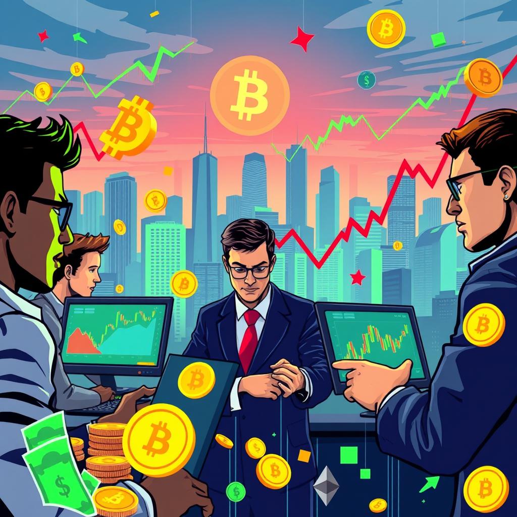 A dynamic and visually striking representation of trading on a digital platform, featuring a vibrant city skyline in the background with skyscrapers