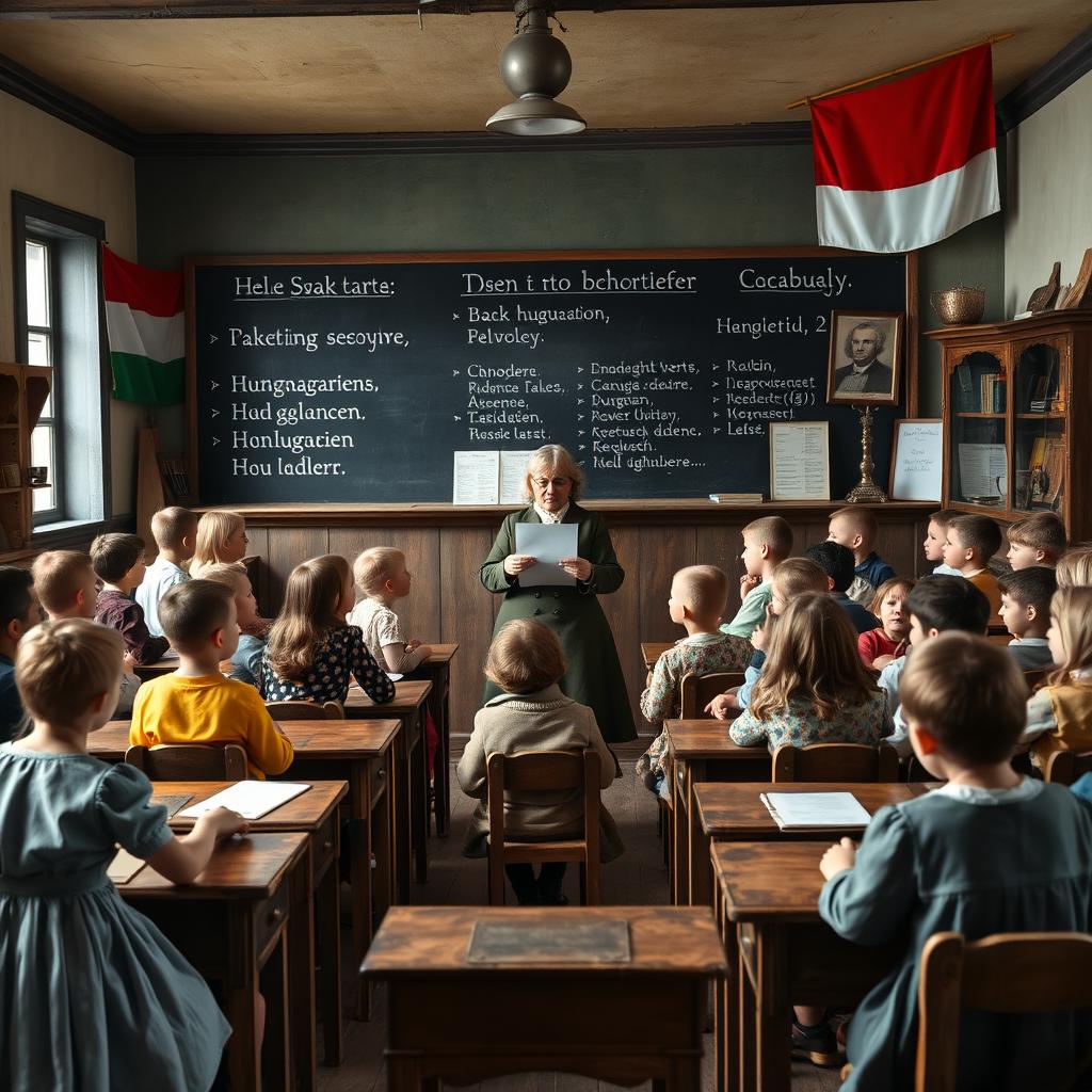 A historical scene set in the 19th century showcasing a Slovak schoolroom where the Hungarian language is being promoted