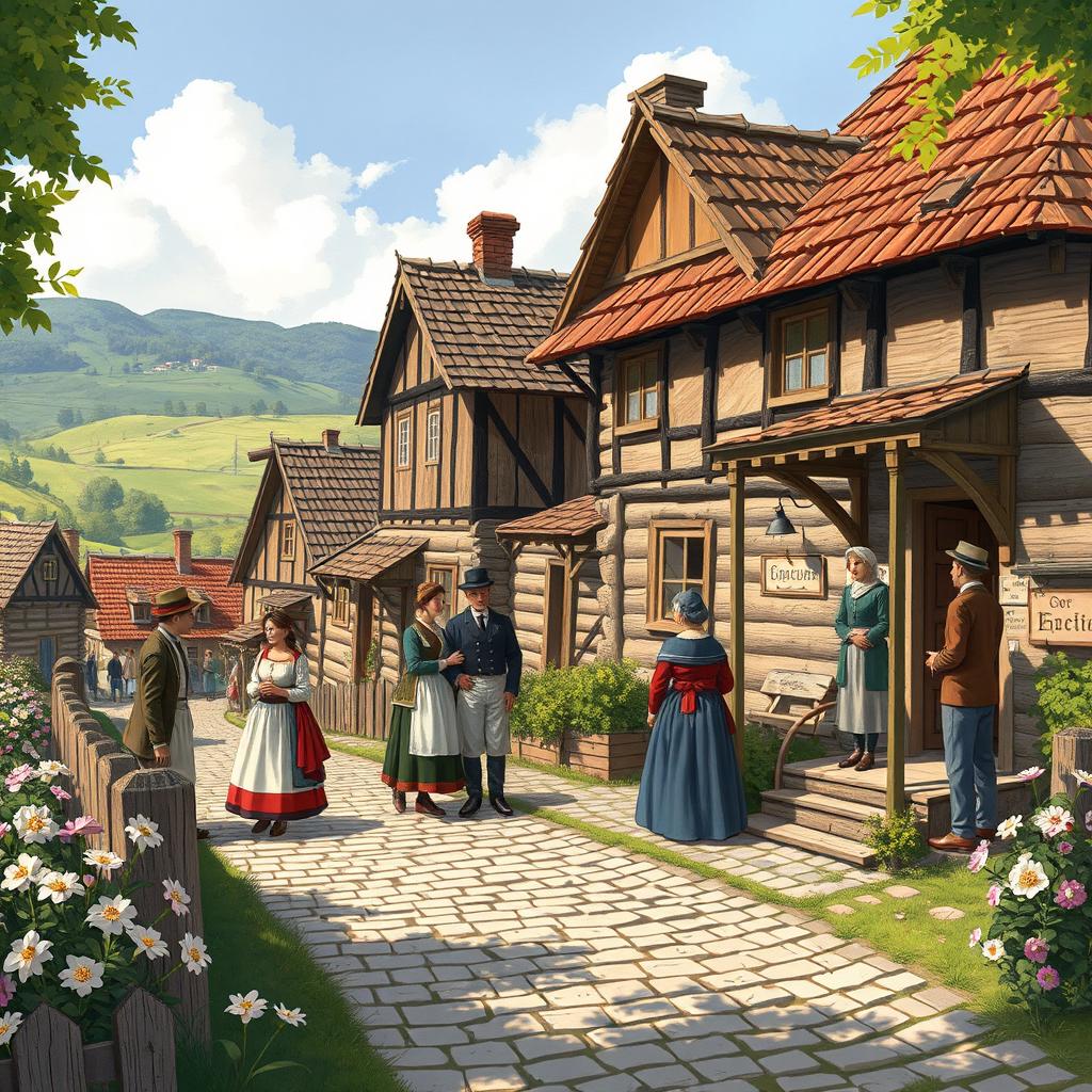 An illustration capturing a historical scene from Slovakia at the end of the 19th century, depicting Slovaks changing their surnames to Hungarian ones for 50 grajciars