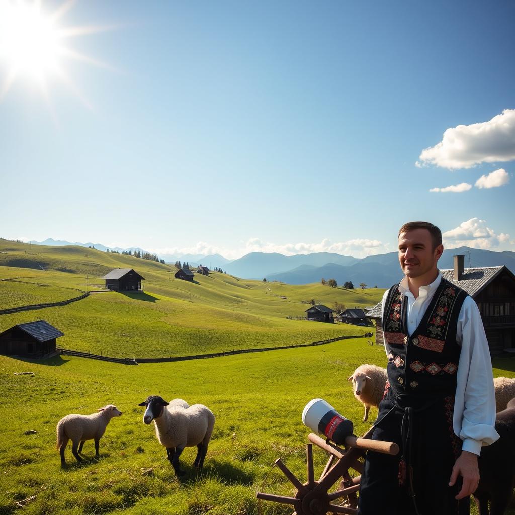 A picturesque scene of the Slovak countryside, featuring rolling hills, lush green fields, and traditional wooden farmhouses with steep roofs