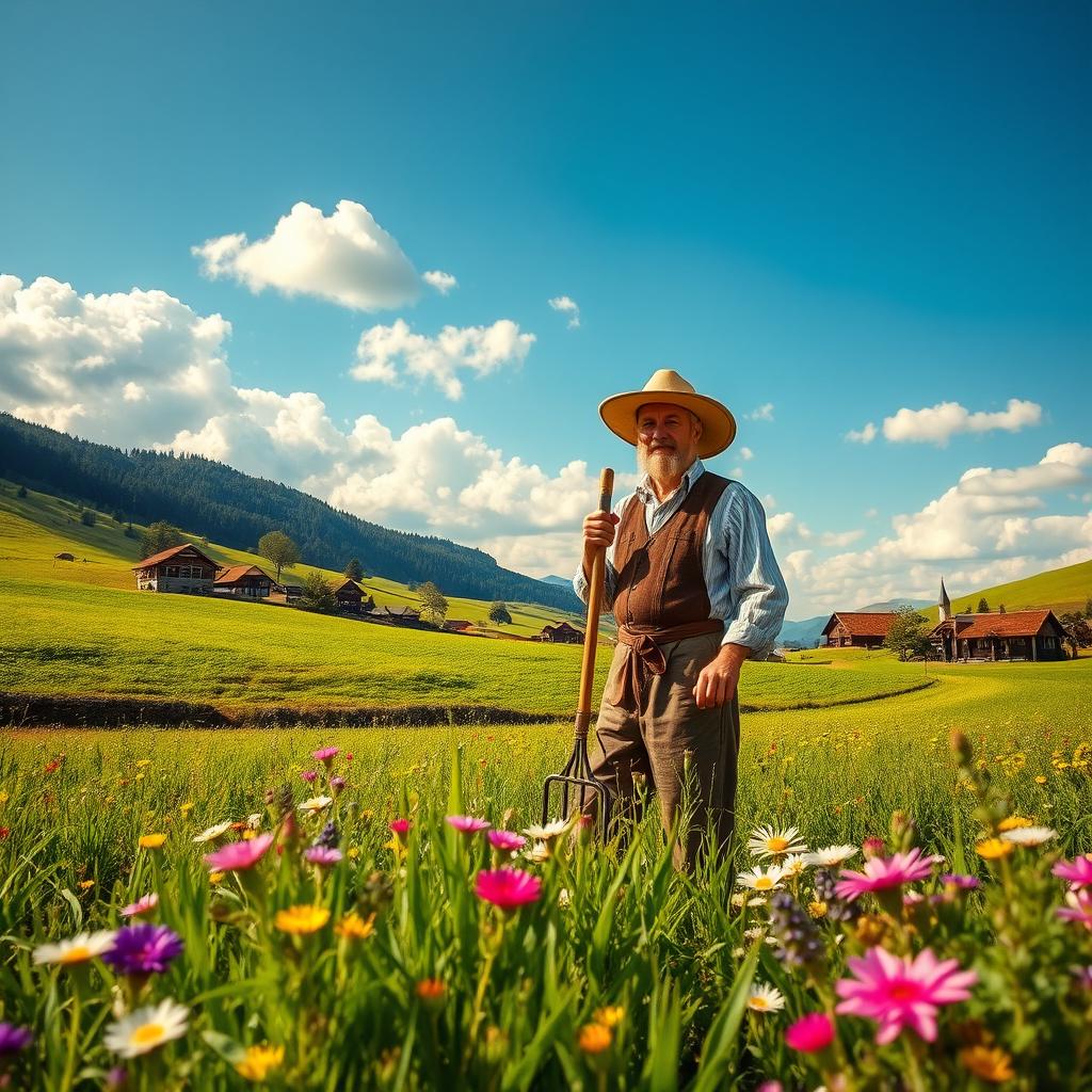 A serene landscape depicting a Slovak farmer in the foreground, working diligently in a lush green field