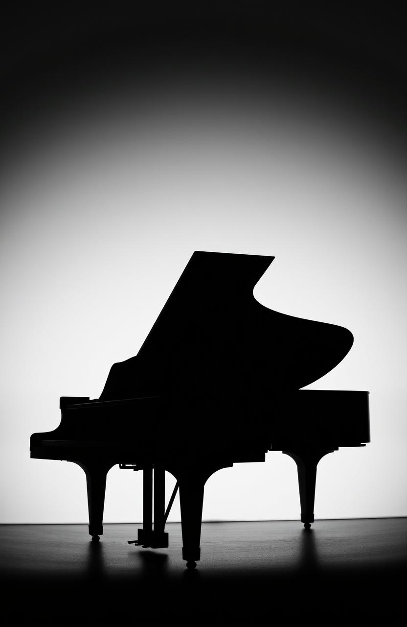 A dramatic and striking black and white image of a piano silhouette, showcasing the elegant shape and structure of the piano