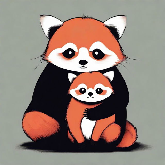 A sad red panda with a child's body set against a black background