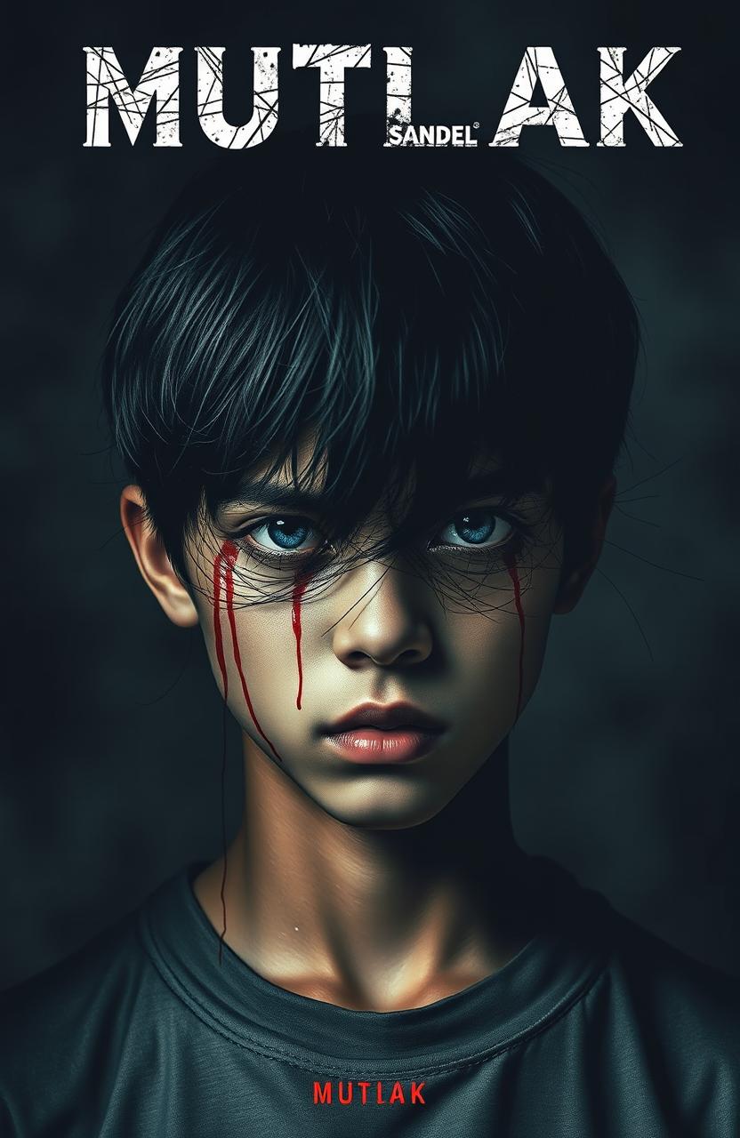A striking novel cover featuring an Indonesian high school teenage boy with jet black hair and a solemn expression