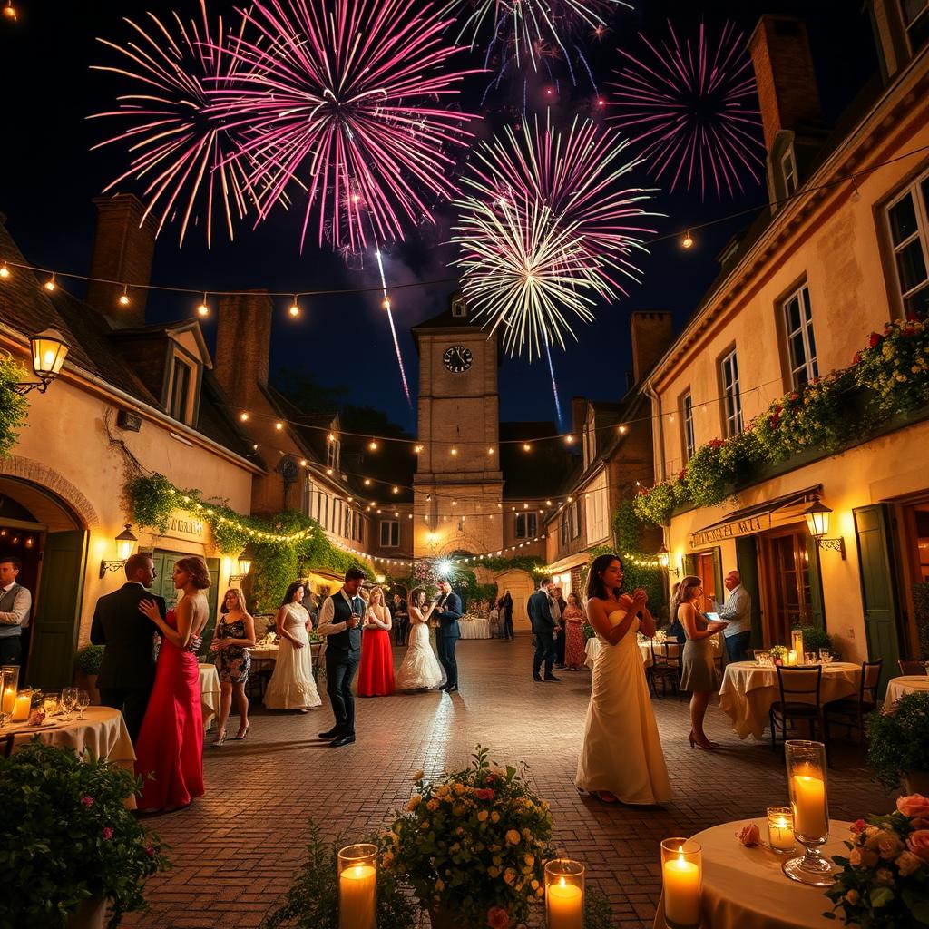 An enchanting outdoor dance ball set in a quaint square of a small French village