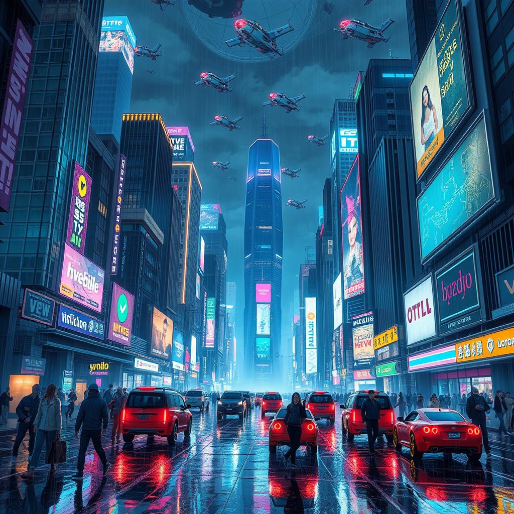 A vibrant cyberpunk cityscape at night, filled with towering skyscrapers adorned with neon lights in various colors such as blue, pink, and green