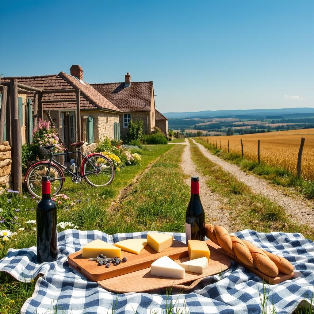 A picturesque rural scene in France, showcasing a charming country road lined with blooming wildflowers under a clear blue sky