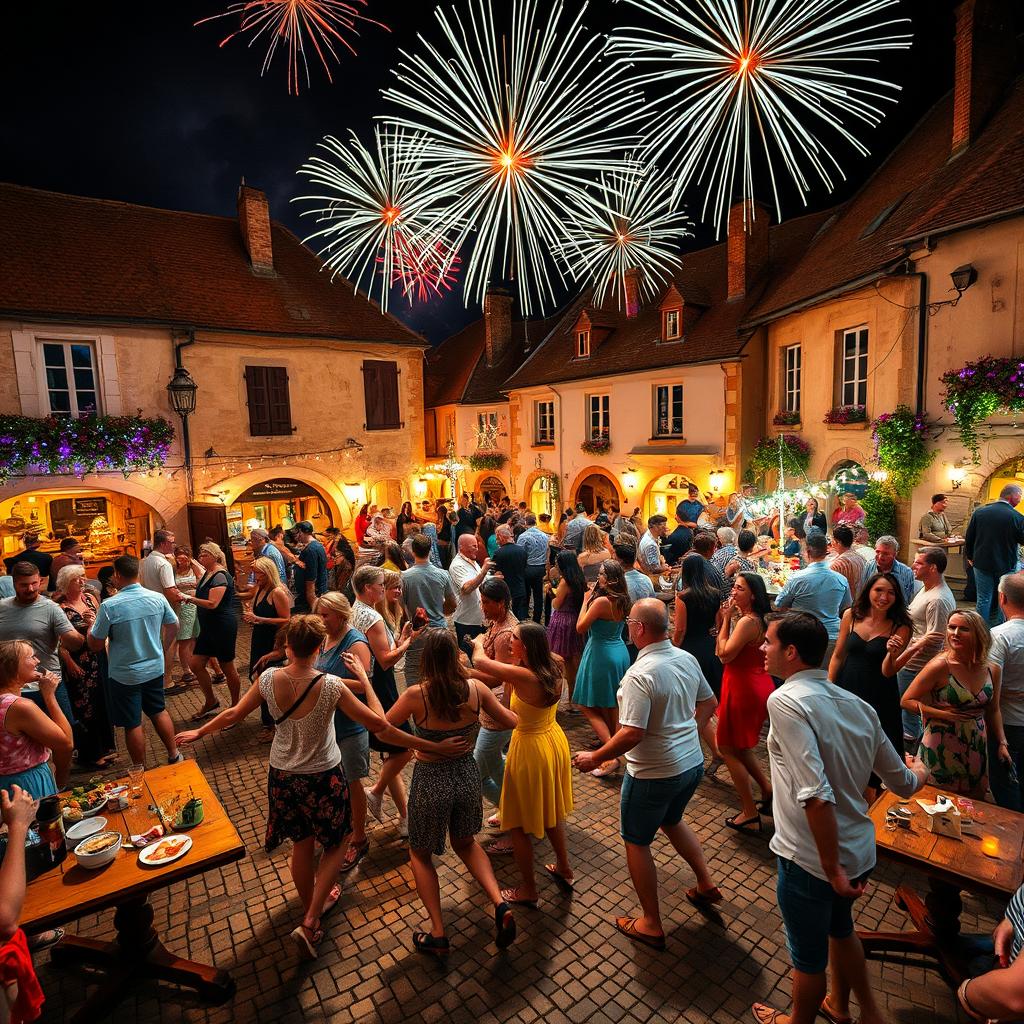 A lively outdoor dance event in a bustling square of a small French village, featuring around 100 enthusiastic participants