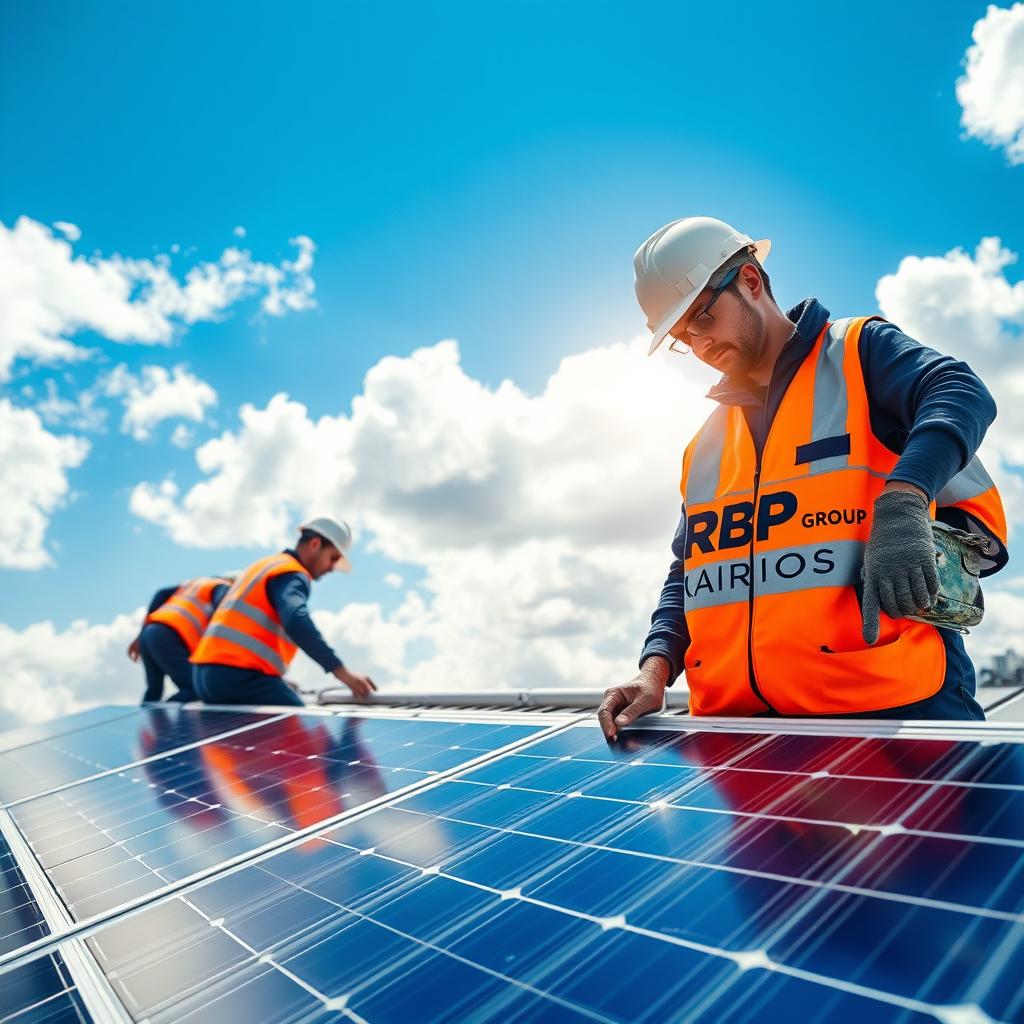 A scene depicting technicians installing solar panels on a rooftop, surrounded by bright blue sky and fluffy clouds