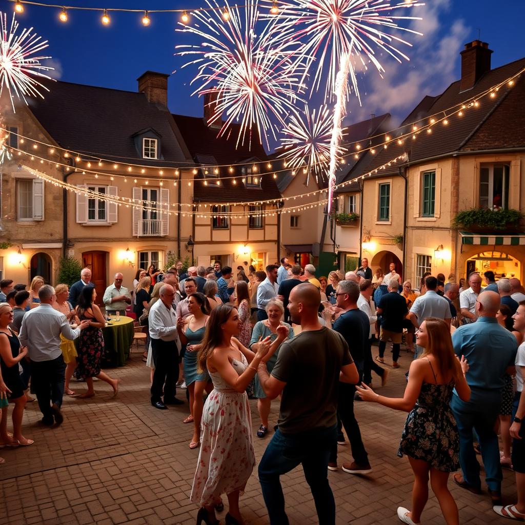 A lively outdoor dance event in a charming square of a small French village, featuring around 100 participants engaged in joyful dancing