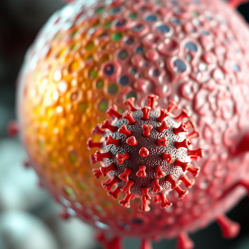 A detailed view of a large cell seen from the outside, showcasing its textured and colorful membrane