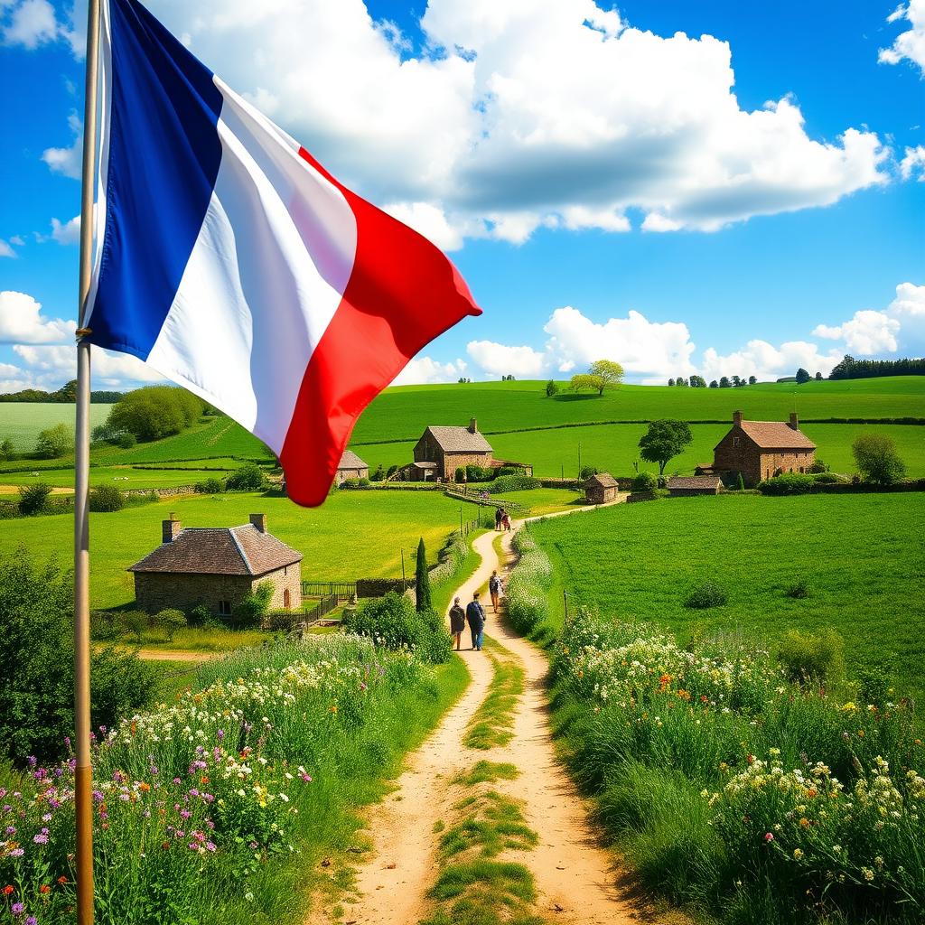 A vibrant scene showcasing the French flag fluttering proudly in the foreground, with a picturesque rural landscape in the background