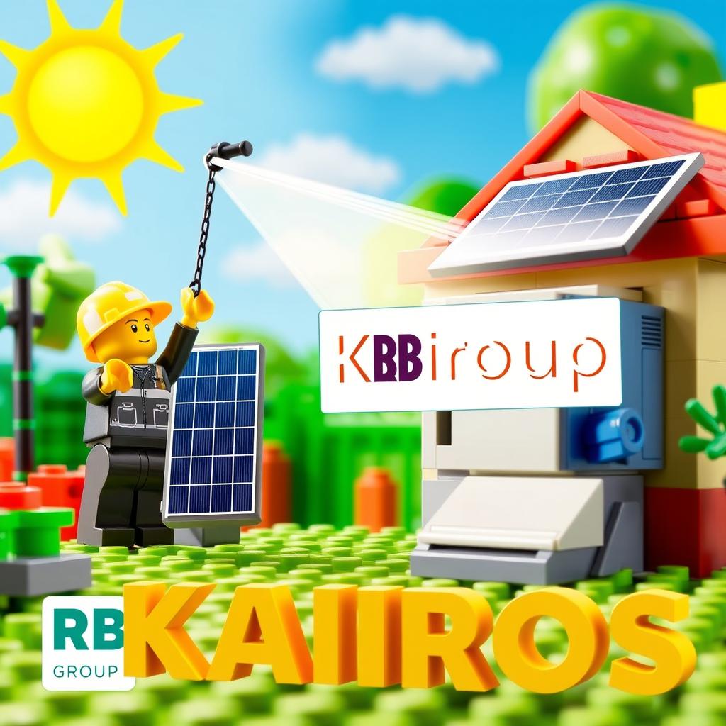 An imaginative scene featuring construction workers skillfully transferring sunlight into installed solar panels