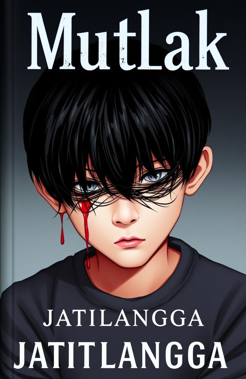 A novel cover featuring an Indonesian high school boy with black hair, sitting alone with a depressive expression