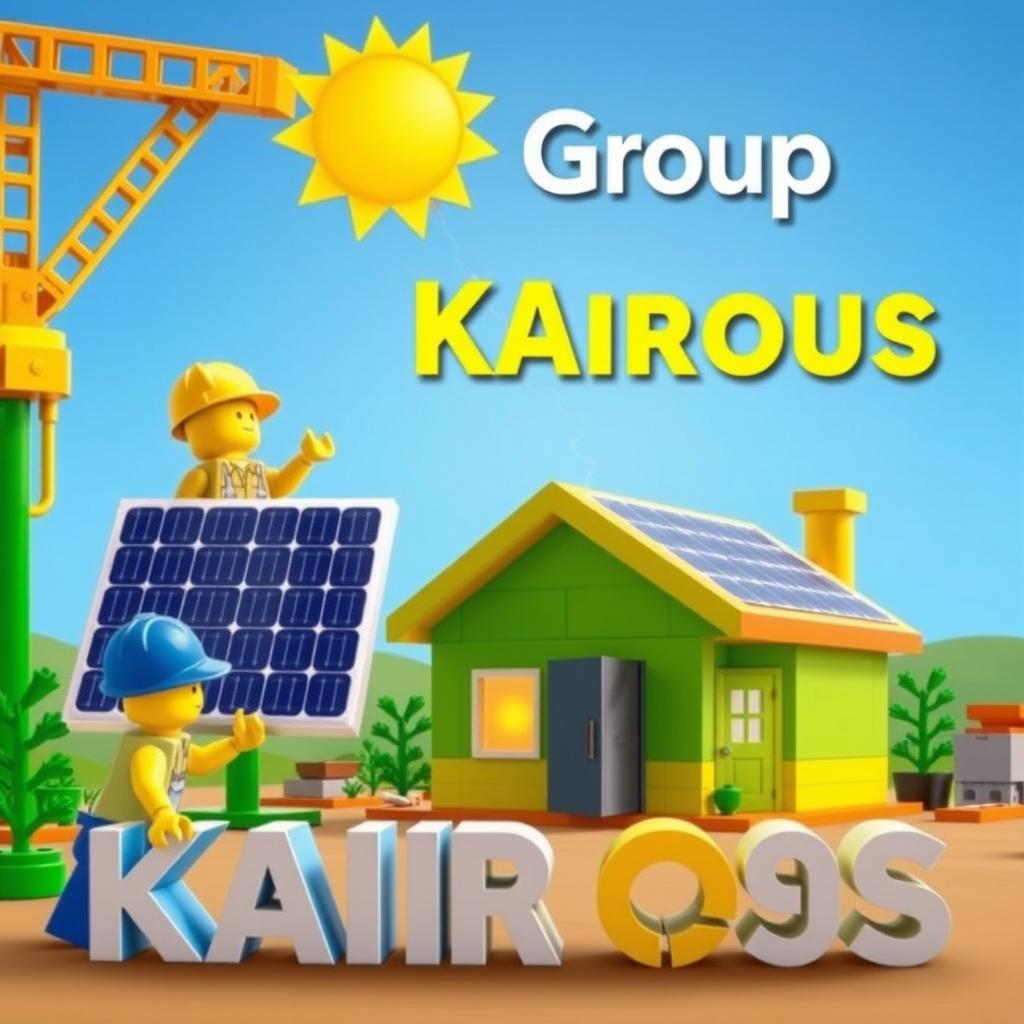 A creative scene depicting construction workers transferring sunlight into installed solar panels