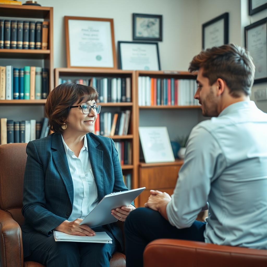 A professional setting featuring a psychologist engaging with a client