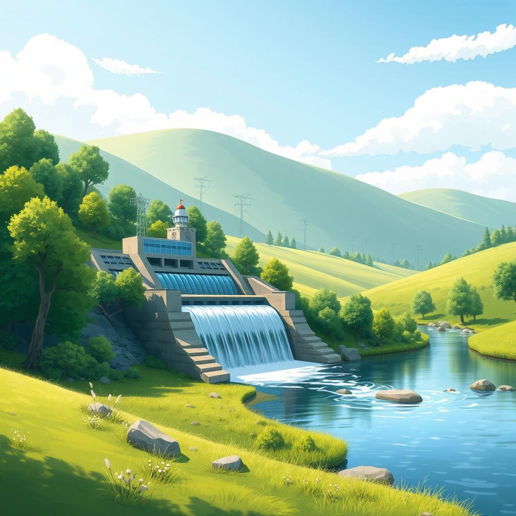 A scenic illustration of a mini hydroelectric power station, set in a lush green landscape