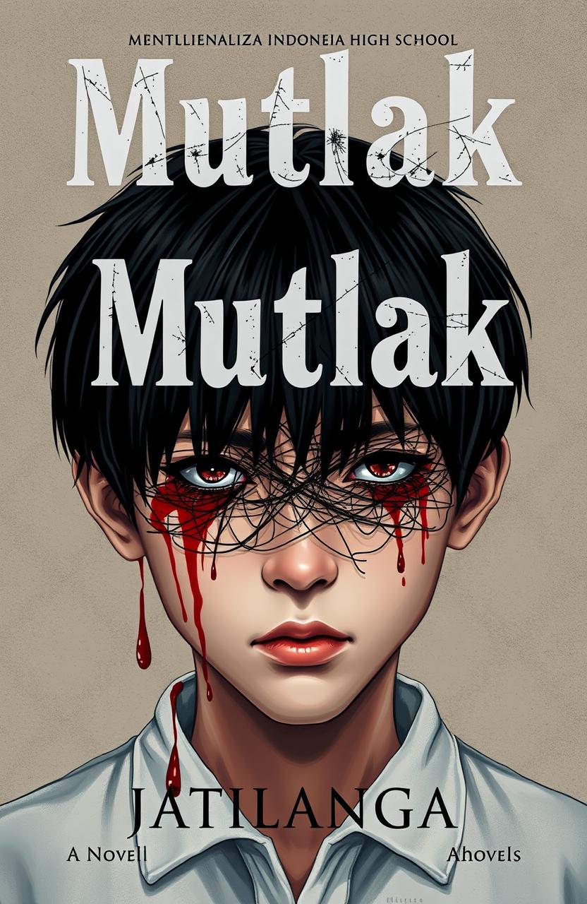 A novel cover featuring an Indonesian high school boy with black hair and a depressive expression