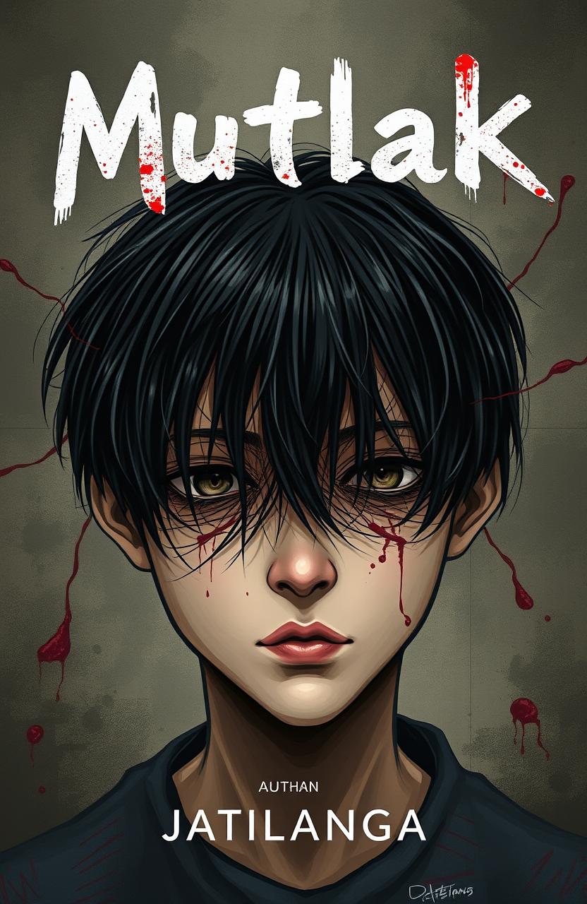 An Indonesian high school boy with black hair, depicting a scene of mental turmoil where his eyes are obscured by a chaotic, thread-like effect