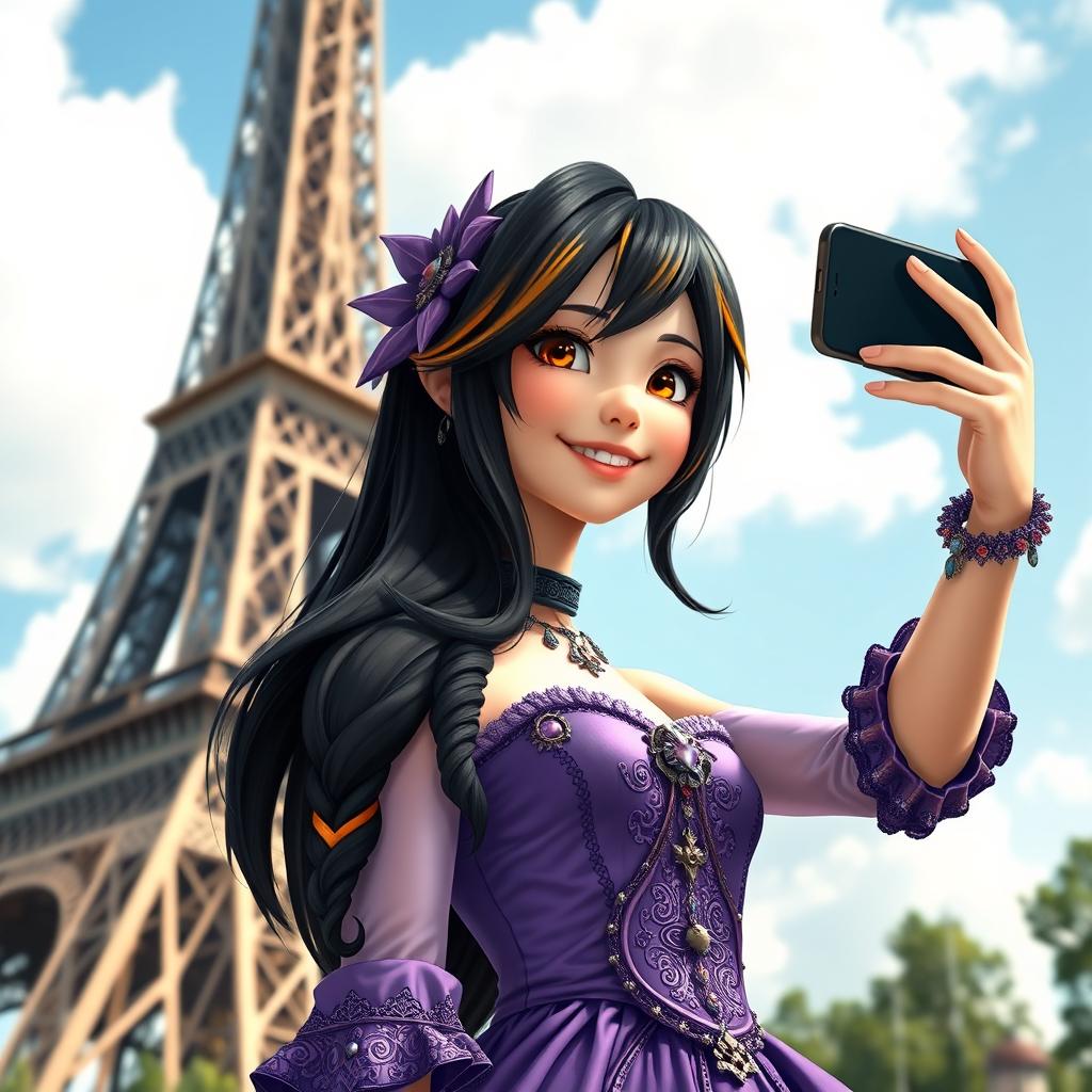 A realistic selfie of Lulu from Final Fantasy X, capturing her vibrant personality as she stands in front of the Eiffel Tower