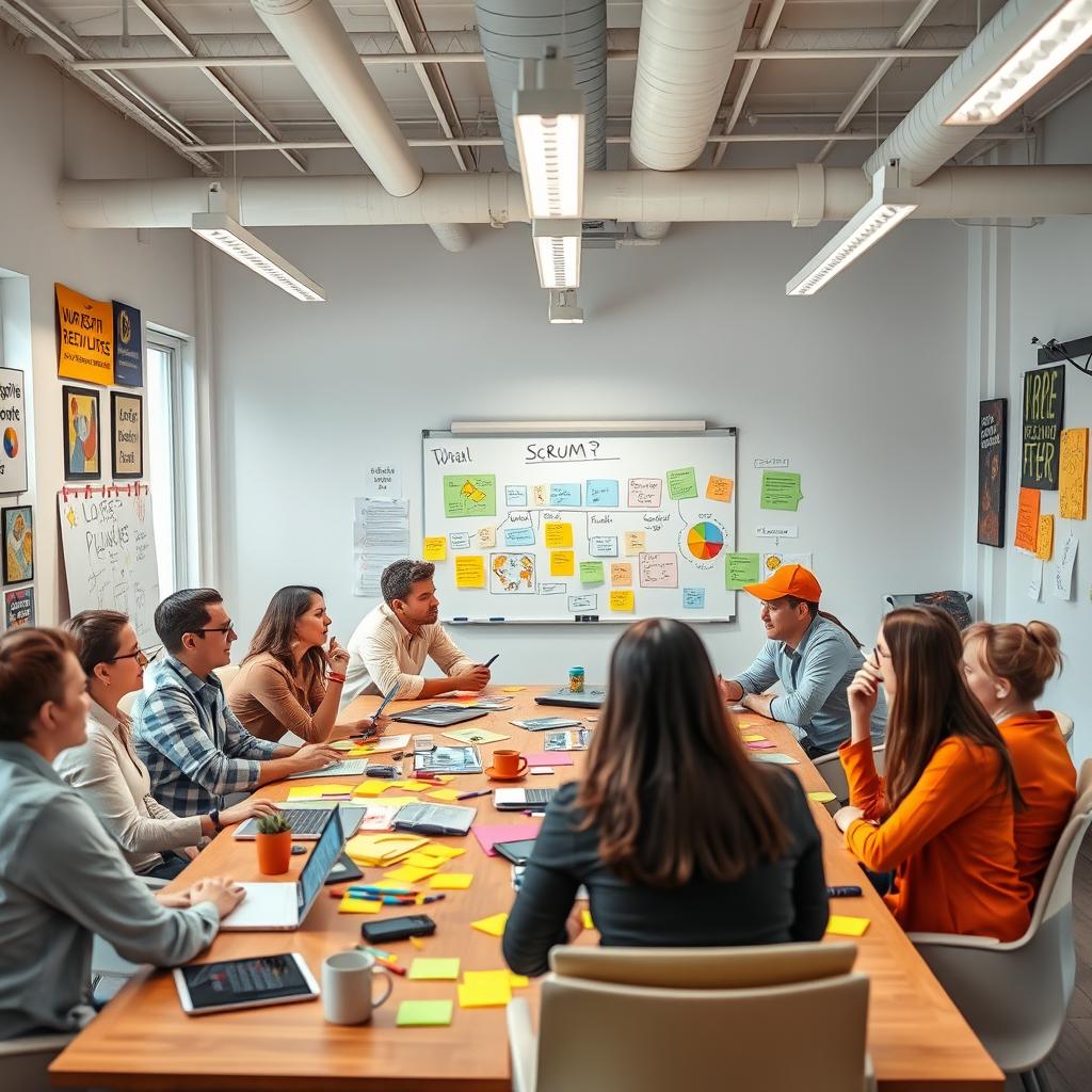 A vibrant and inspiring scene that symbolizes the rejuvenation of scrum methodology in a modern office setting
