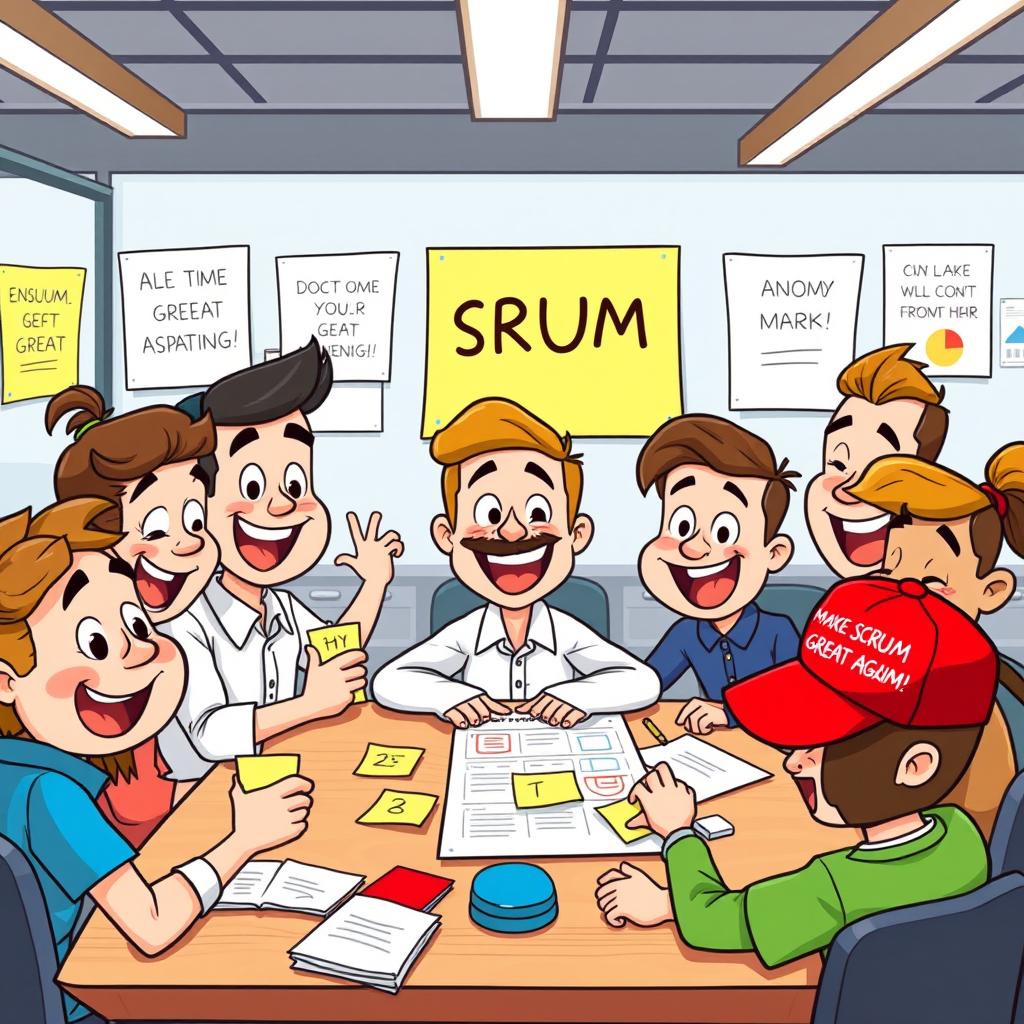 A vibrant cartoon scene depicting a diverse group of cheerful characters enthusiastically participating in a scrum meeting