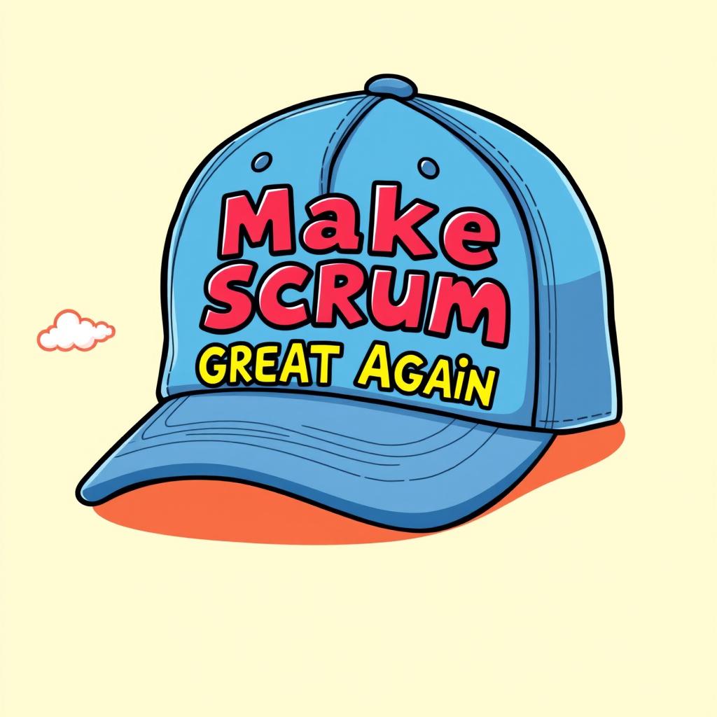 A colorful and humorous cartoon illustration of a baseball cap with the funny slogan "Make Scrum Great Again" prominently displayed on the front