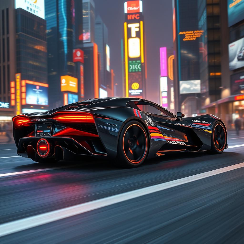 A sleek, futuristic sports car powered by antimatter technology, glistening under neon lights