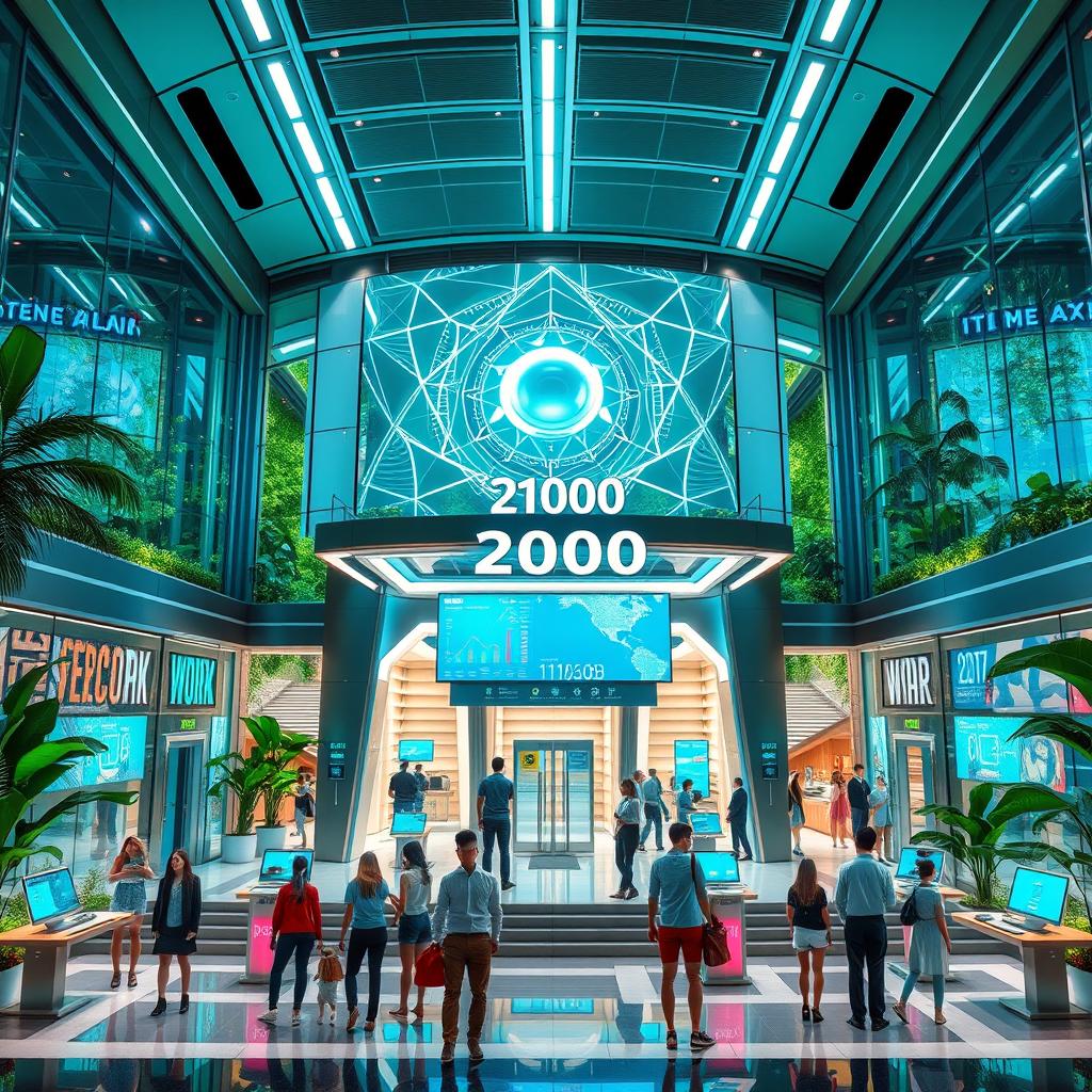 A futuristic bank set in the year 2100, showcasing an ultra-modern architecture with sleek glass and metal structures, surrounded by lush greenery and advanced technology