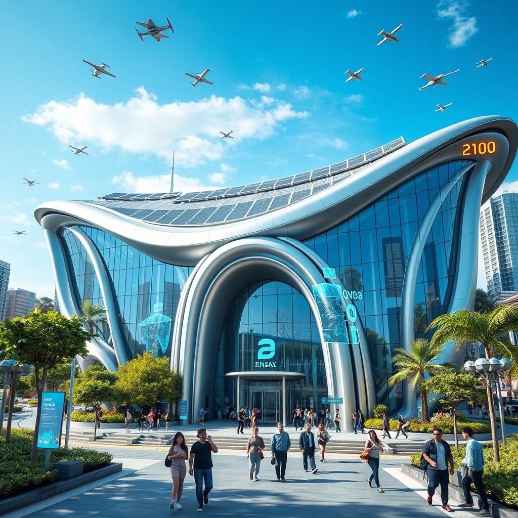 An exterior view of a futuristic bank from the year 2100, featuring a striking and innovative architectural design with flowing lines, glass facades, and metallic elements