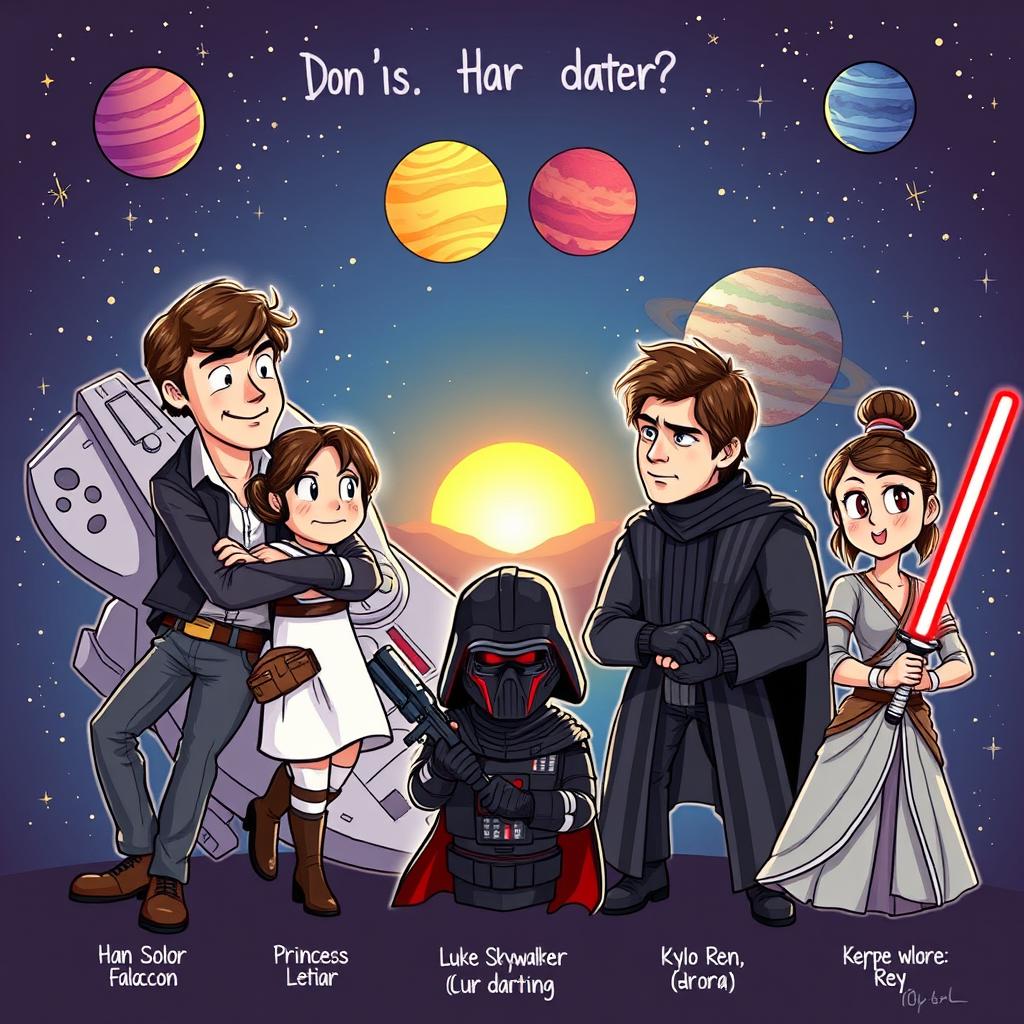 A fun and engaging illustration of various Star Wars characters, each depicting their unique personality traits in a dating context