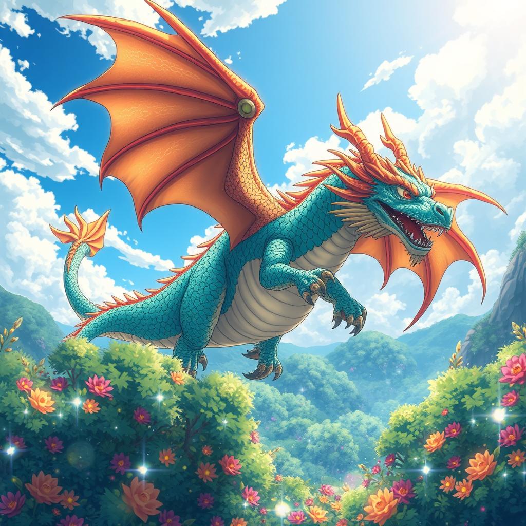 A vibrant anime scene featuring a dragon in a lush fantasy landscape