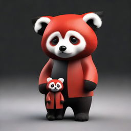 A 3D image of a sad red panda with a child's body set against a black background