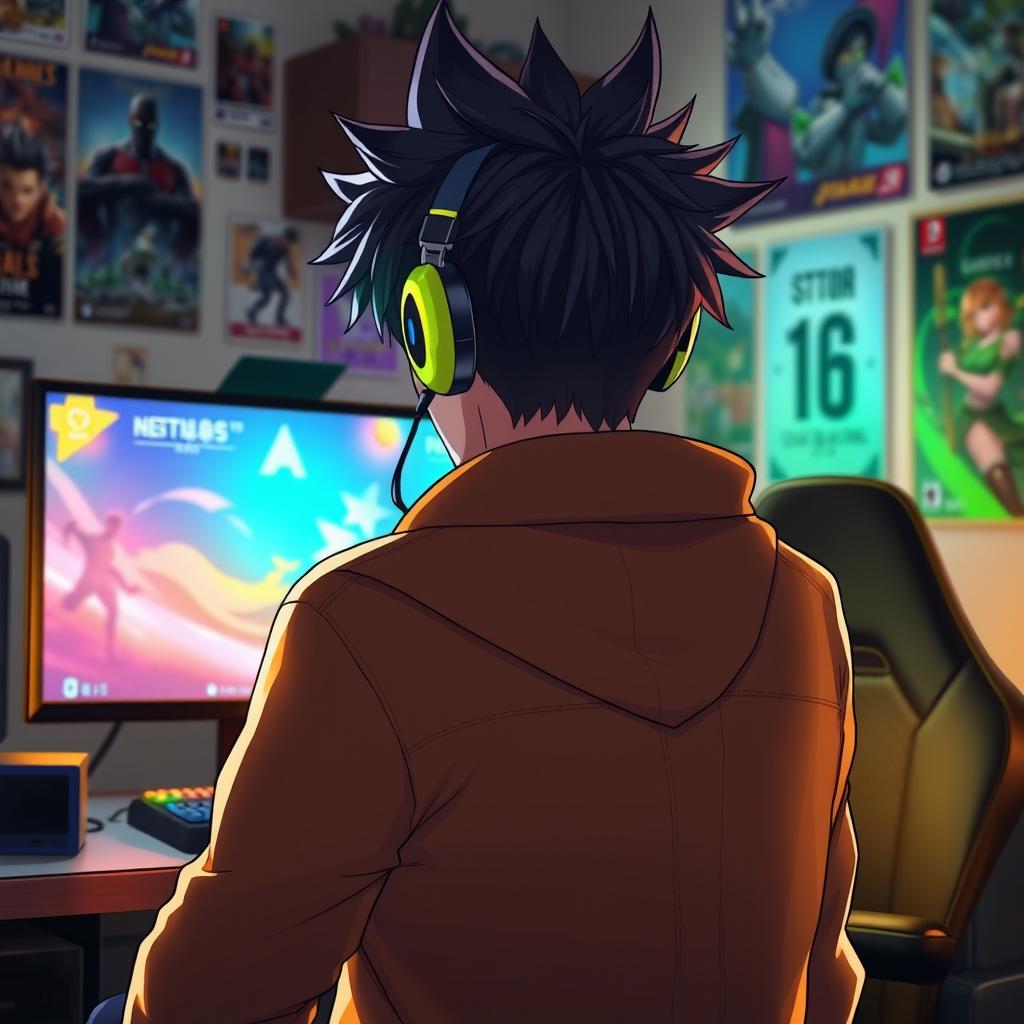 An anime guy with spiky hair, wearing a stylish jacket and headphones, intensely focused on playing video games