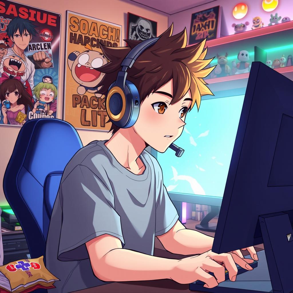 An anime-style illustration of a young man wearing headphones, intensely focused while playing games on a bright monitor in a cozy room