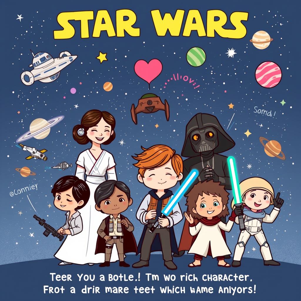 A whimsical and colorful illustration of various Star Wars characters, depicted in a fun dating scenario in a galaxy setting