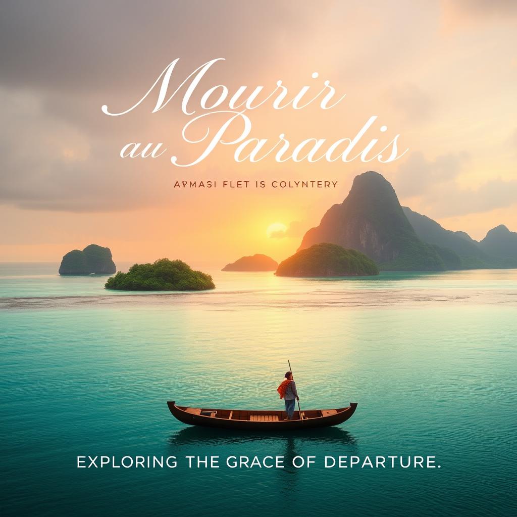 A captivating film poster for a documentary titled 'Mourir au Paradis', exploring the theme of decent death in Polynesia