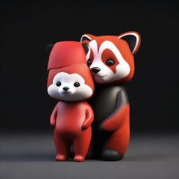 A 3D image of a sad red panda with a child's body set against a black background