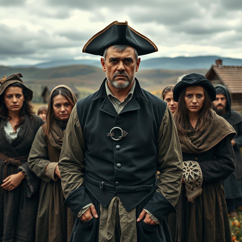 A poignant scene depicting sad Slovak people from the period of Bach's absolutism, dressed in traditional 18th-century Slovak clothing, showing expressions of sorrow and hardship