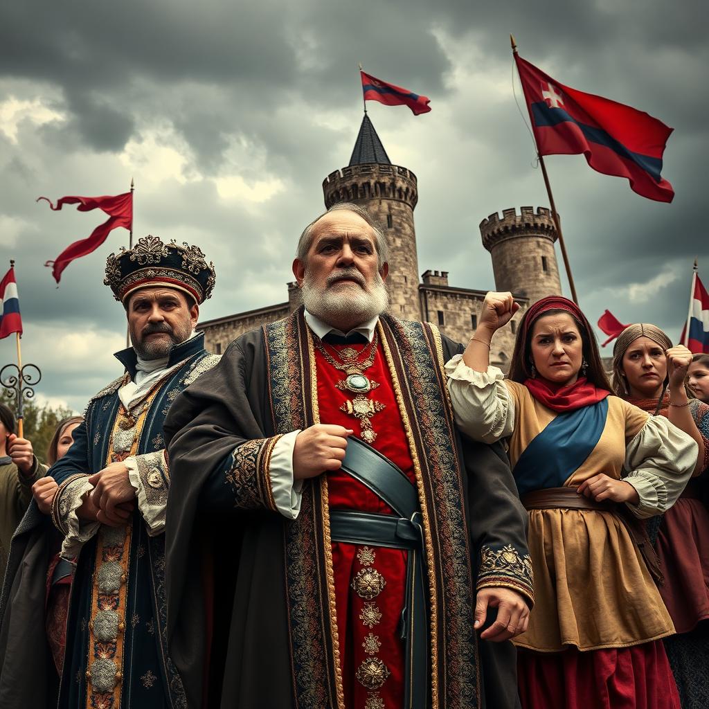 A scene depicting a group of angry Slovak people passionately standing against monarchic absolutism