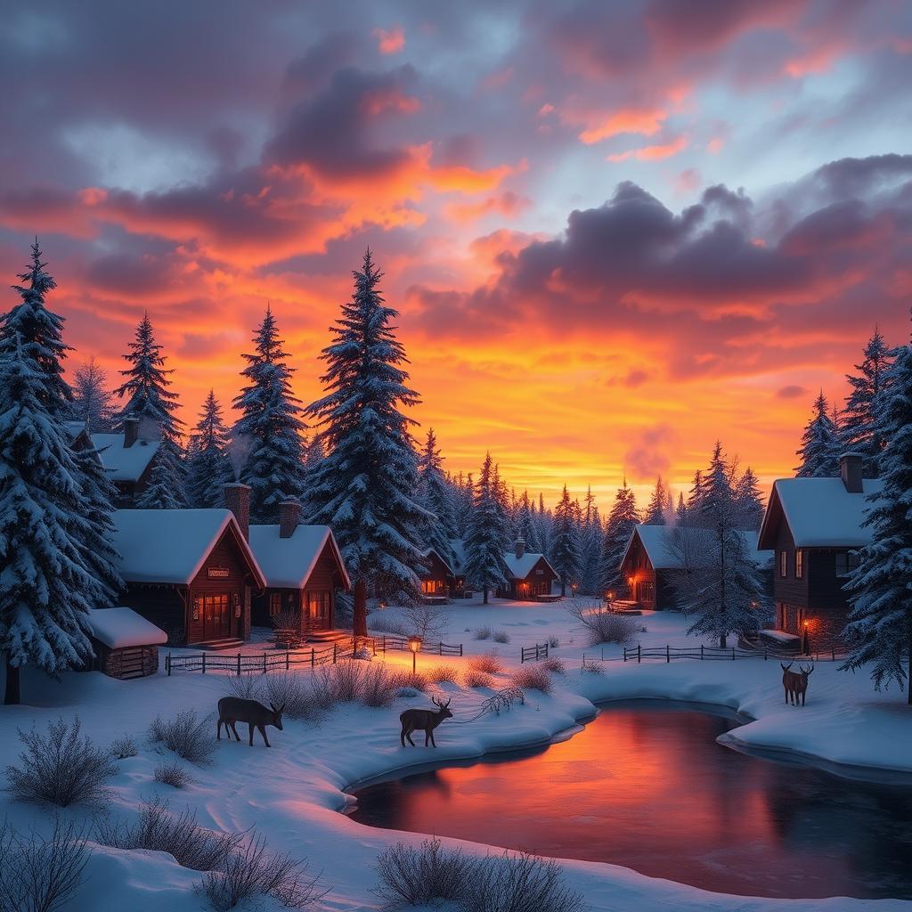 A serene winter landscape at sunset, showcasing a peaceful snow-covered village nestled among tall pine trees