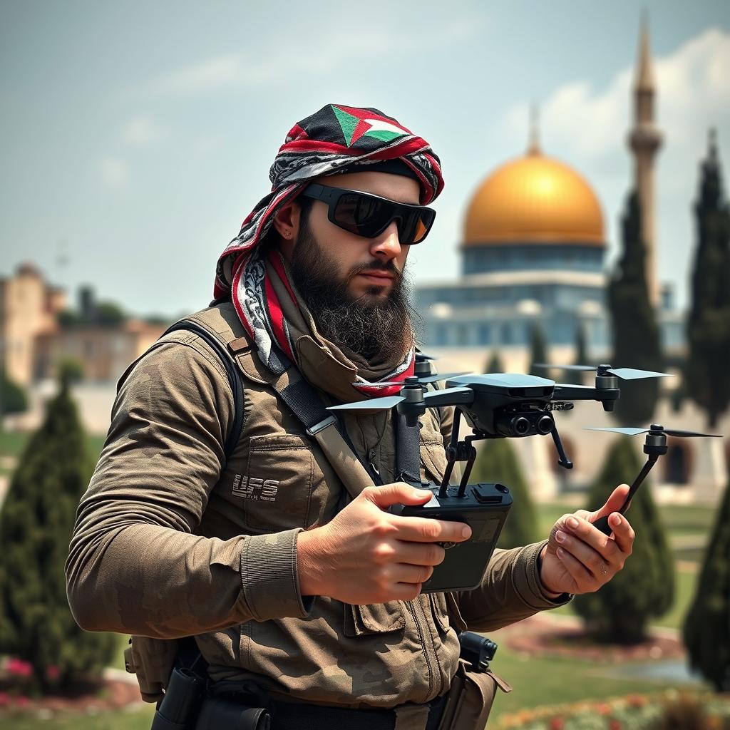 A warrior with a sporty body and a slightly long beard, dressed in camouflage clothing and a traditional Palestinian keffiyeh