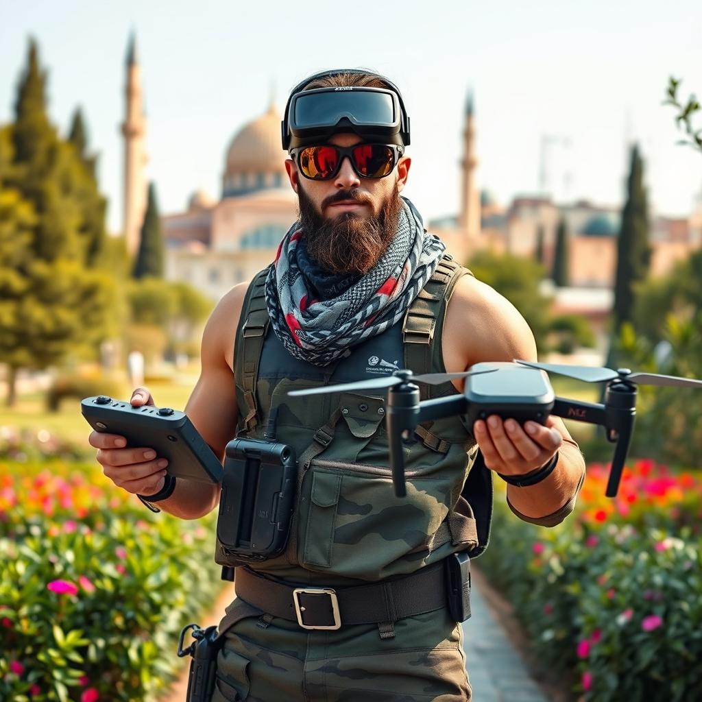 A warrior with a sporty, muscular build and a slightly long beard stands confidently in a beautiful garden featuring the iconic Al-Aqsa Mosque in the background