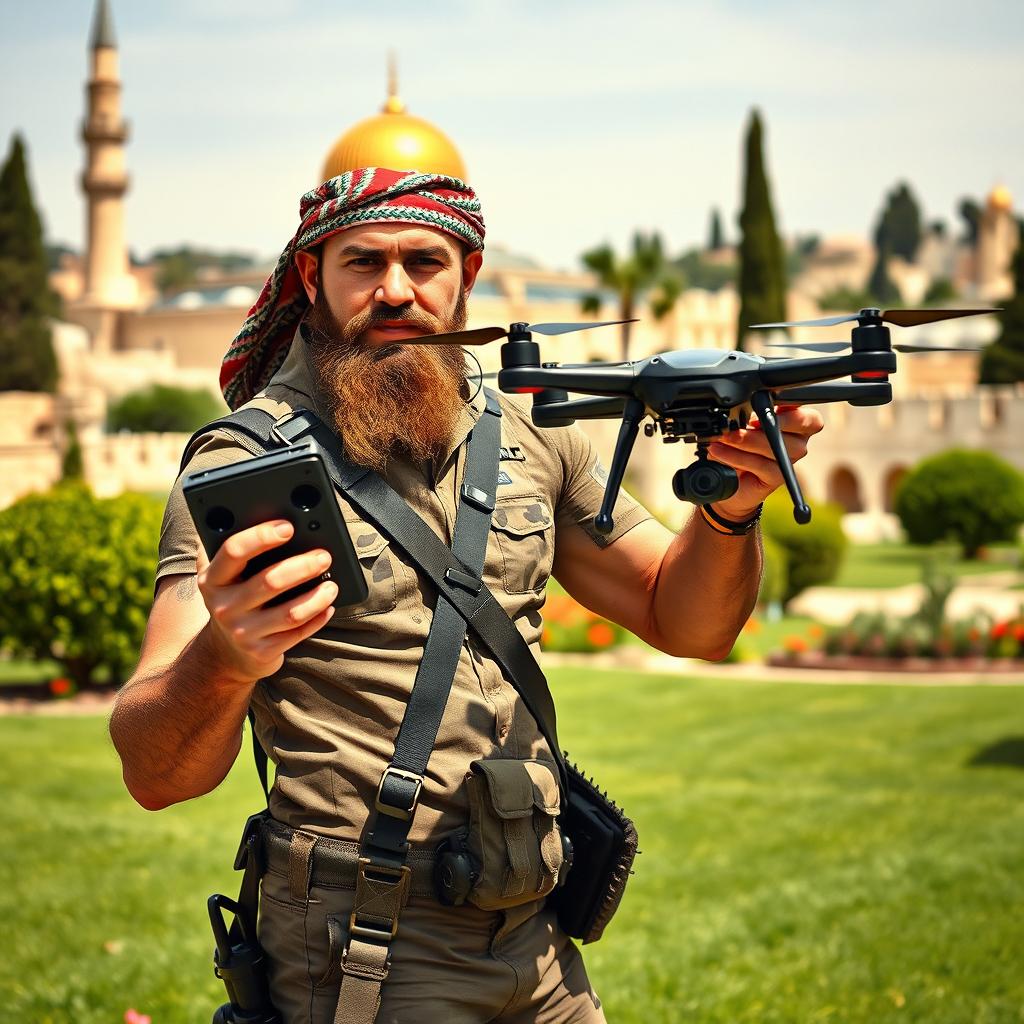 A warrior with a sporty physique and a slightly long beard, dressed in camouflage clothing and wearing a traditional Palestinian keffiyeh
