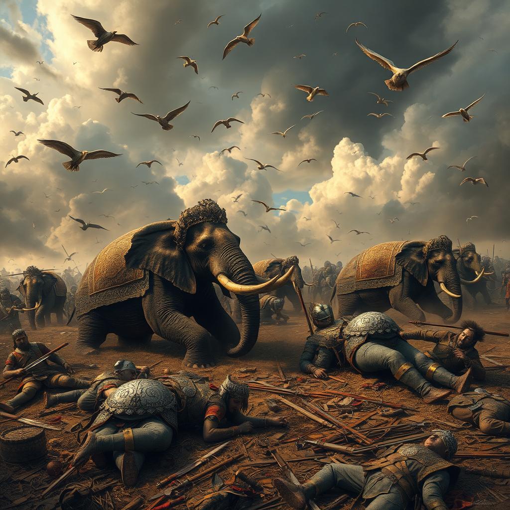 A dramatic battlefield scene depicting fallen battle elephants and soldiers in varying states of defeat