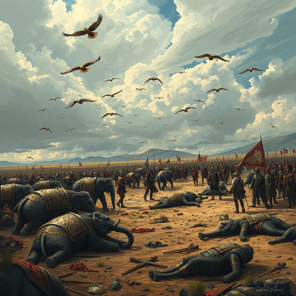 An illustrated battlefield scene showcasing a hauntingly beautiful depiction of a fierce battle aftermath