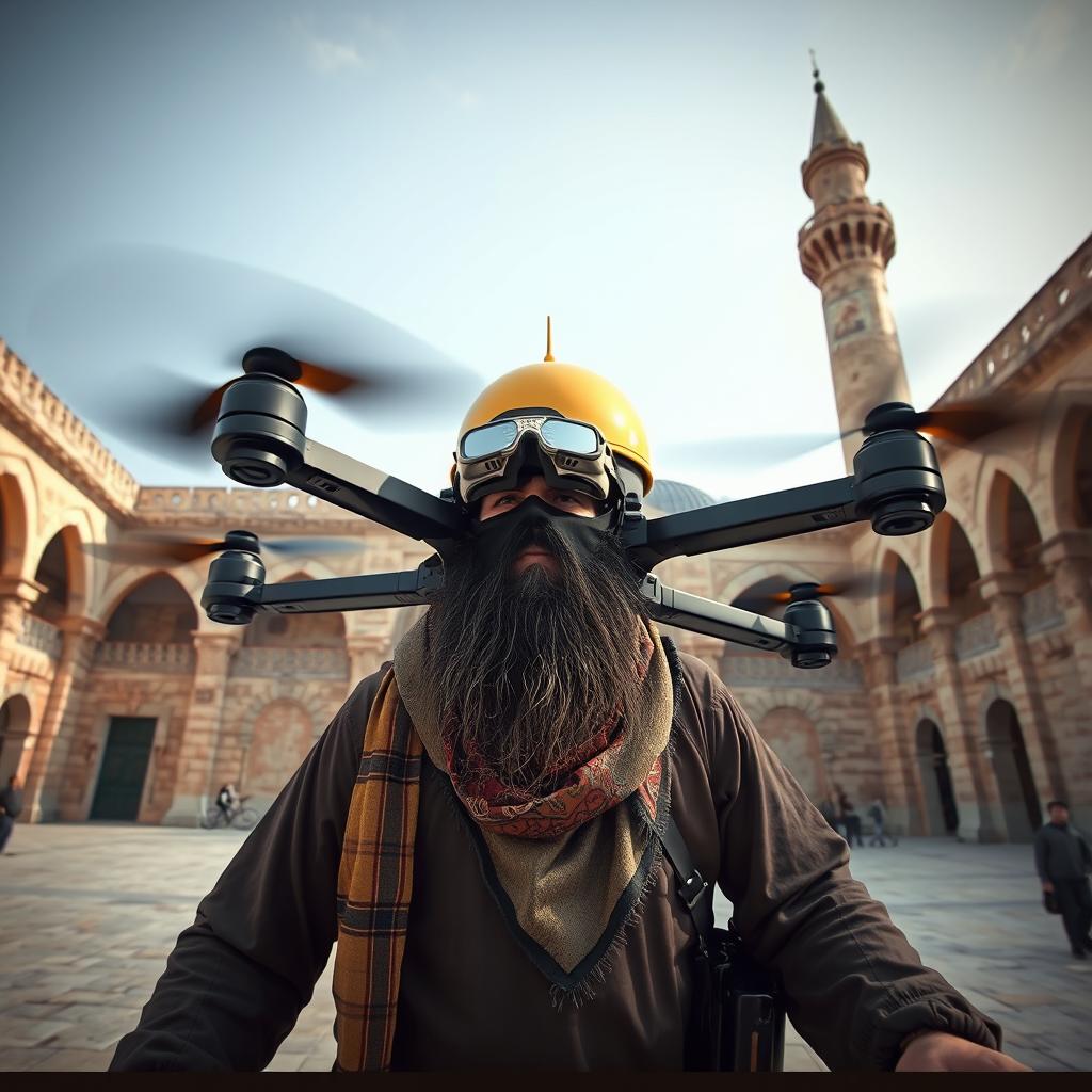 In the courtyard of Al-Aqsa Mosque, a large-built, long-bearded mujahid is flying a bomb-laden FPV kamikaze quadcopter drone
